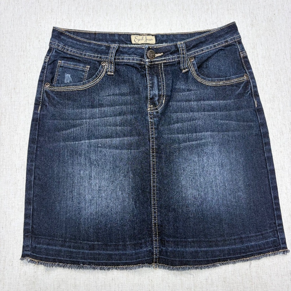 Earl Jean Womens Dark Wash Denim Mini Skirt Size 4 Frayed Hem EW3768 Y2K? Nice
